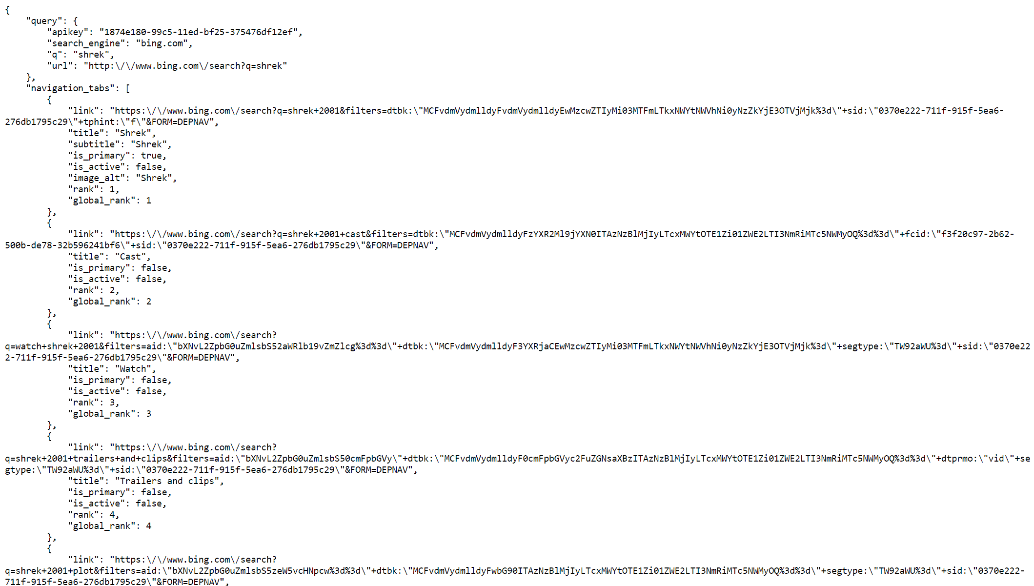 response of the Zenserp Bing Search API