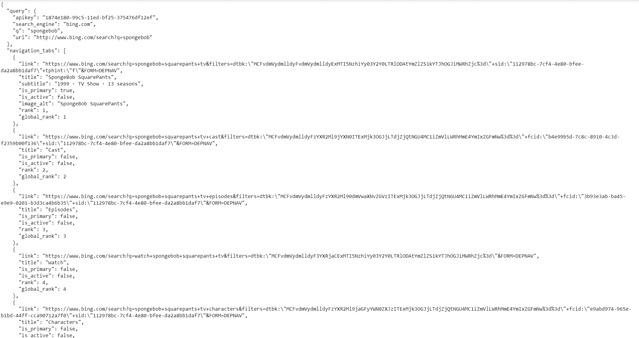 Zenserp Bing Search API JSON response
