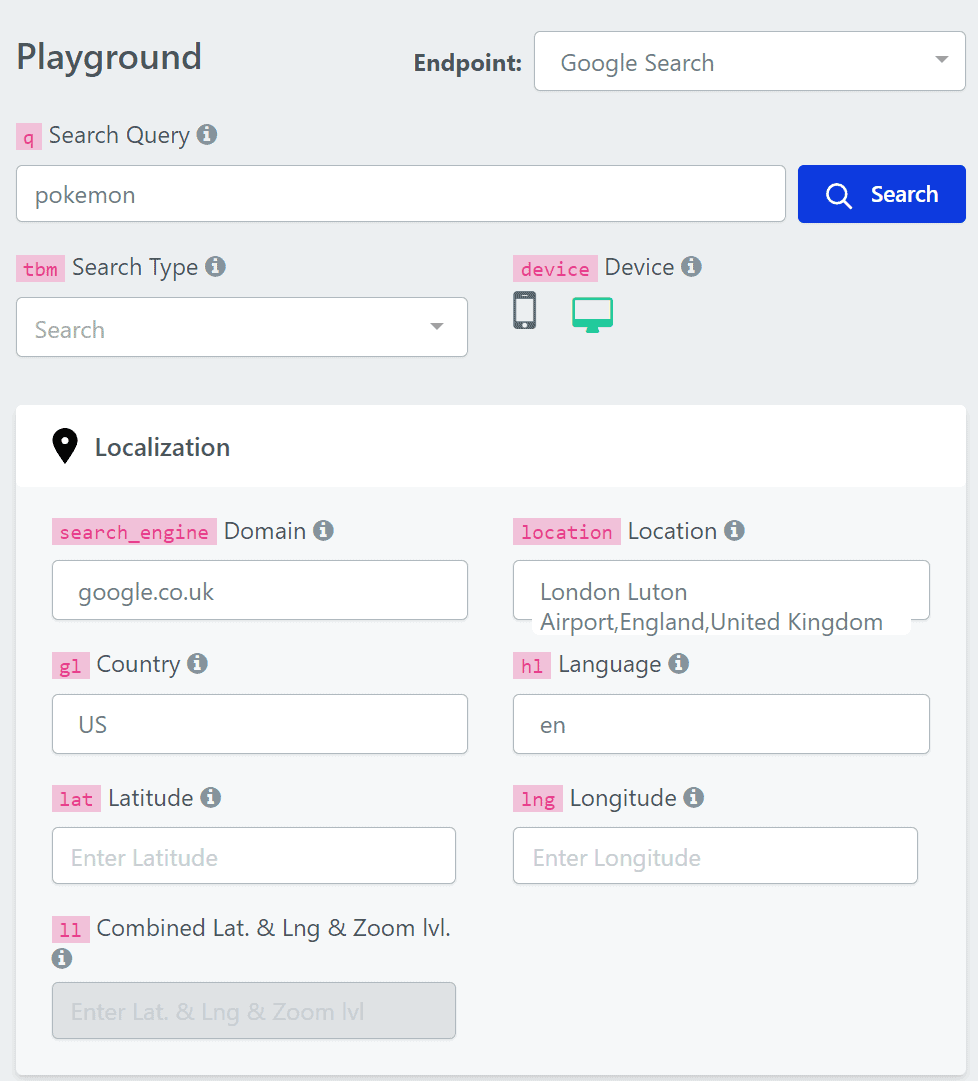 parameters set on playground page