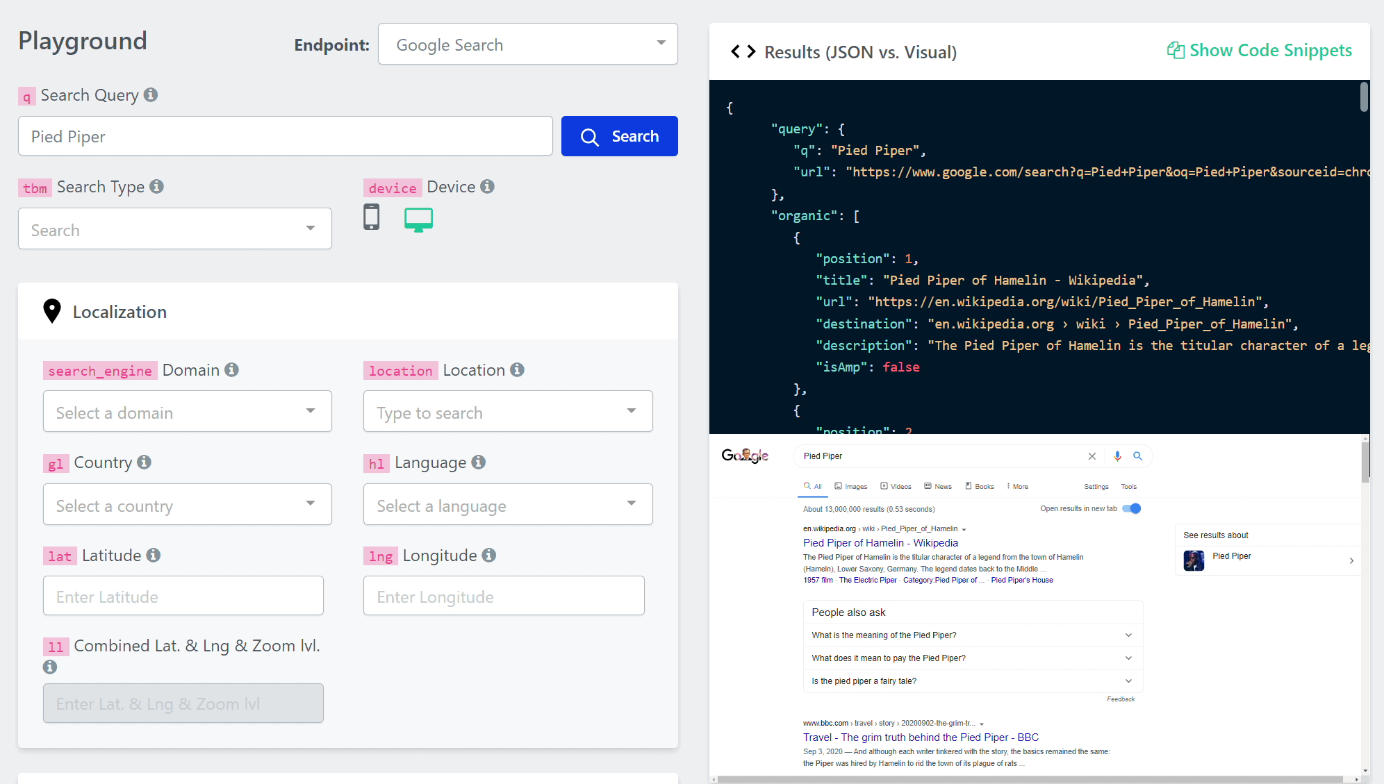 playground page of the Zenserp