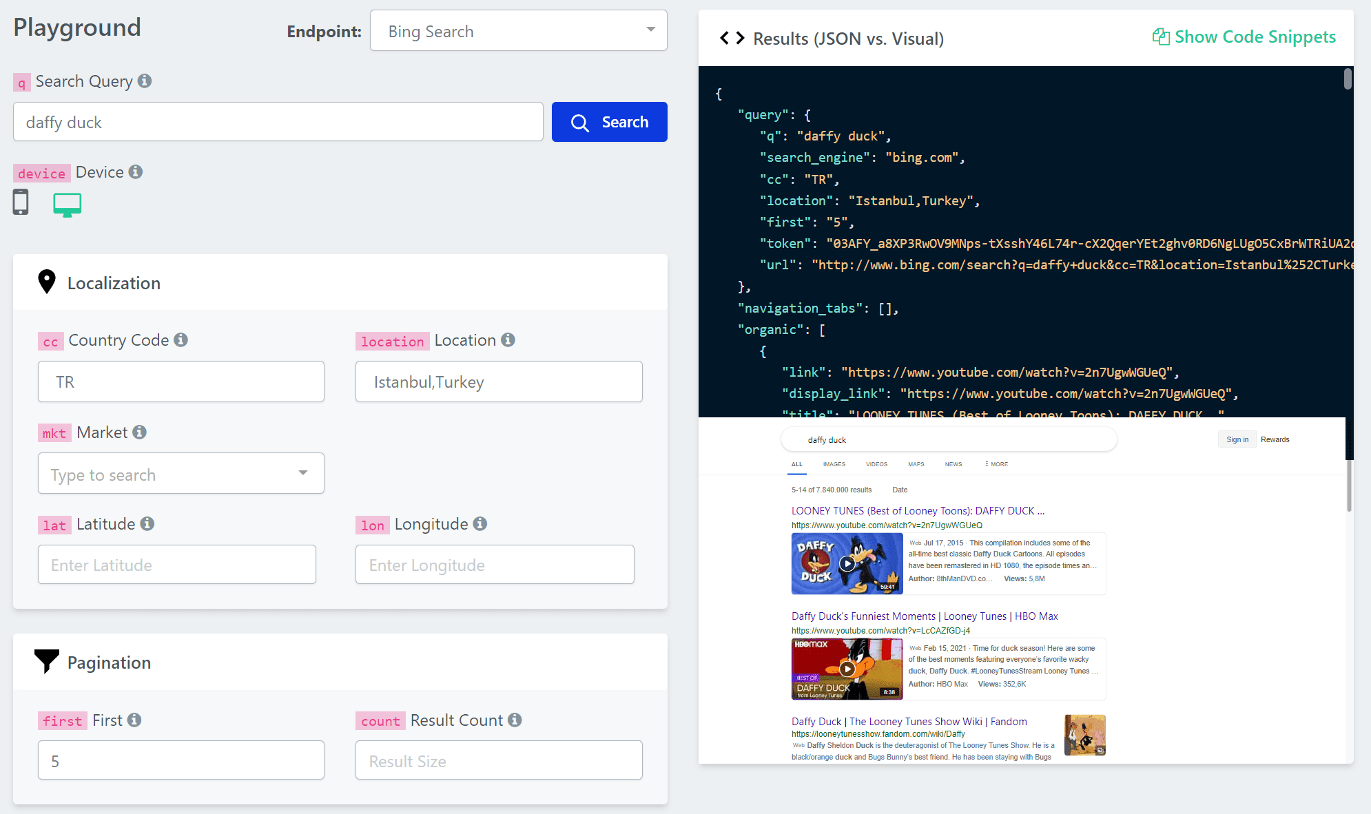 Zenserp Bing playground page