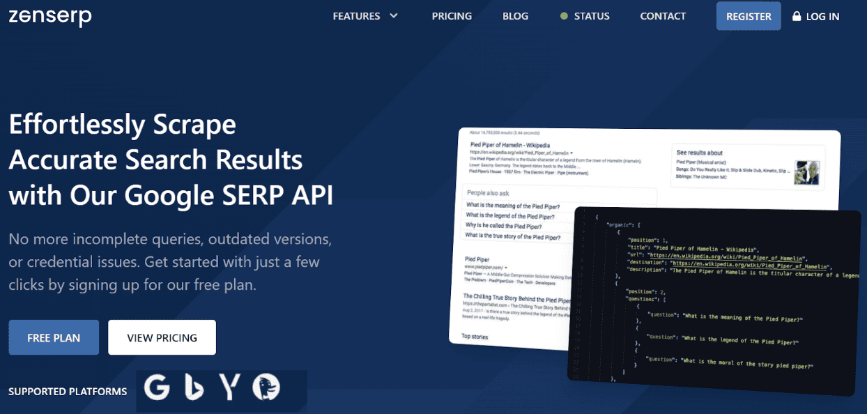 zenserp - Google search API - home page