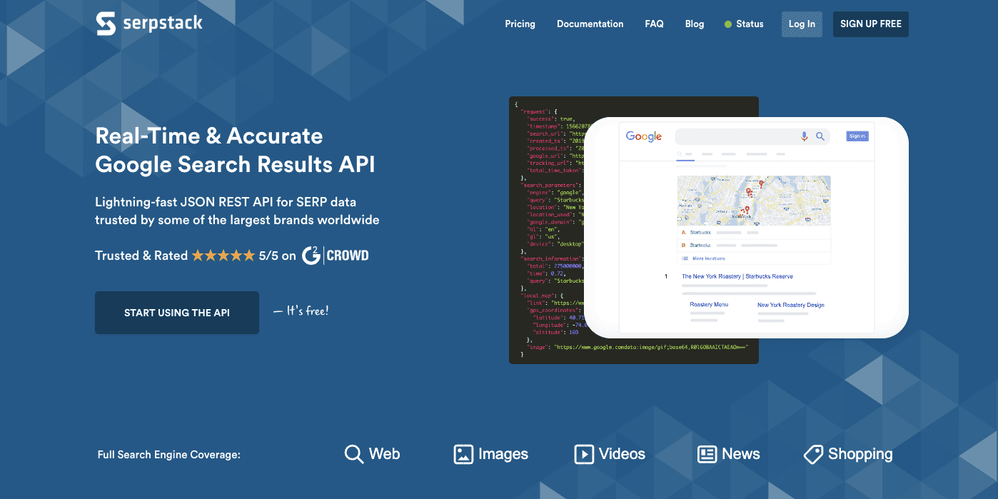 Google search data API, Serpstack home page