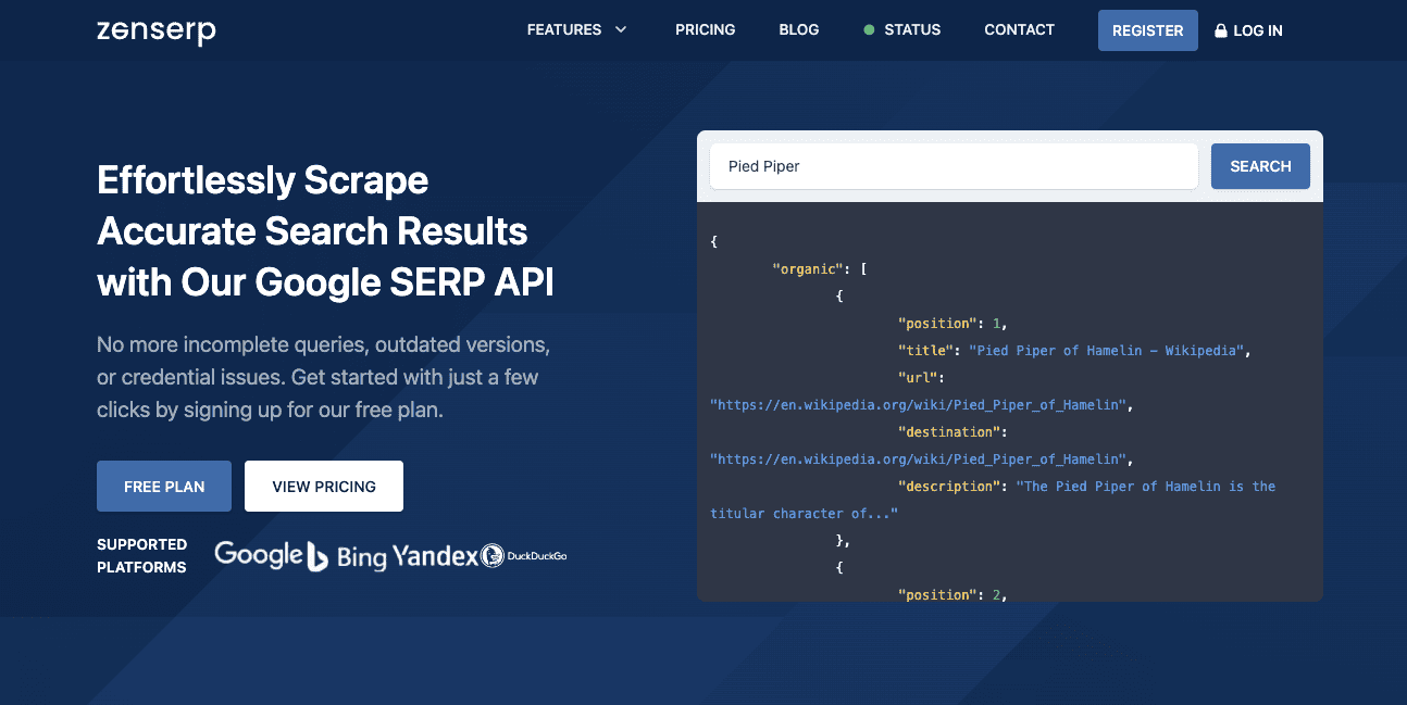 Zenserp serpapi home page