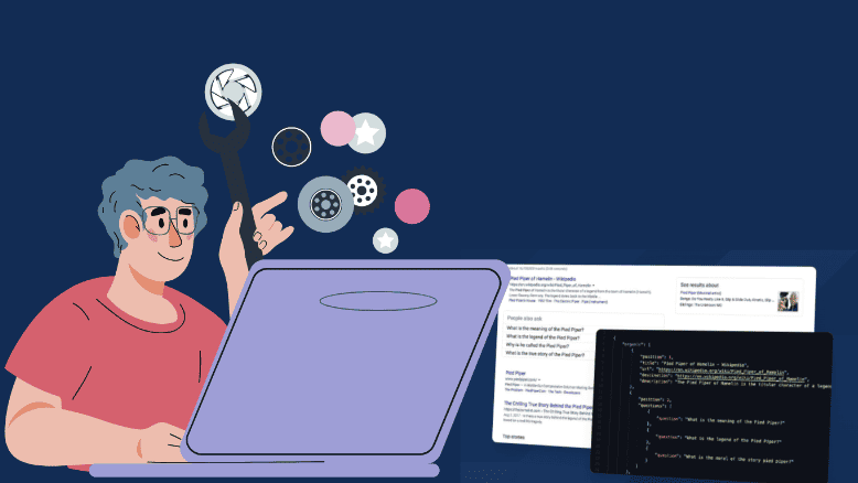 An illustration of a person using a laptop with screen graphics depicting various icons related to Google Search APIs, including code snippets and search results, highlighting the comparison between Zenserp and SERP API for SEO optimization.