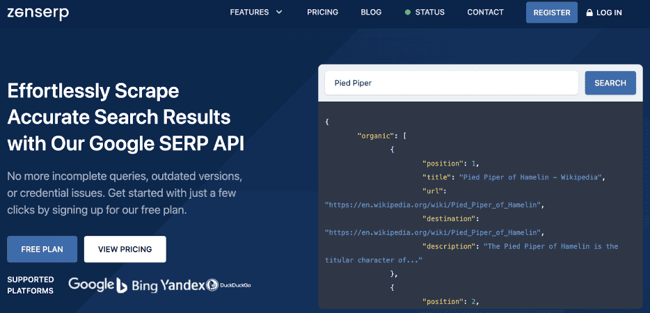 Zenserp search engine API home page