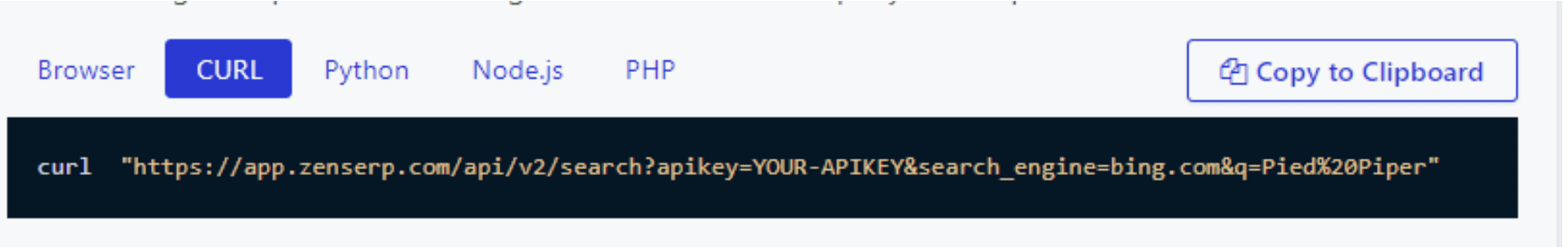 example of a cURL request to perform a Bing search using the Zenserp API