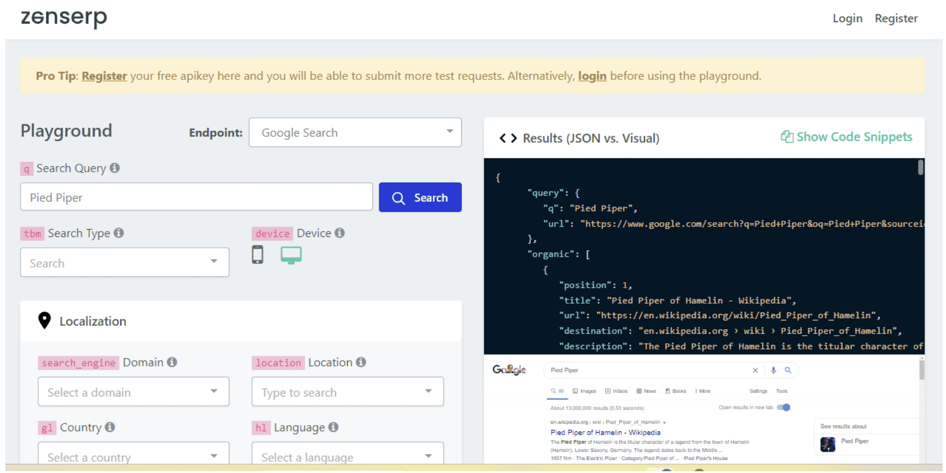 Zenserp also provides a Playground
